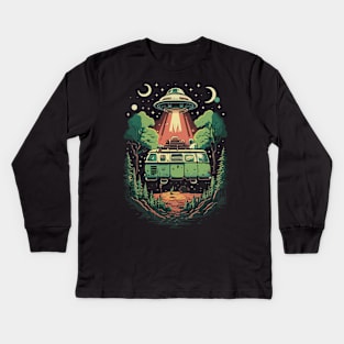 Alien Encounter: Vintage Van Under Cosmic Lights Kids Long Sleeve T-Shirt